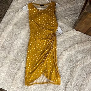 Mustard polka dot ruched body con dress short tank dress form fitting mini